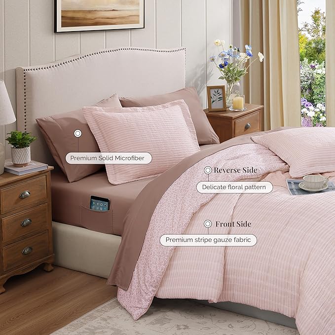 King Comforter Set - 7 Pieces Pink Gauze Muslin Bedding Sets for All Seasons, Lightweight Breathable Bed in a Bag King with Revesible Farmhouse Comforter, Sheets, Pillowcases & Shams