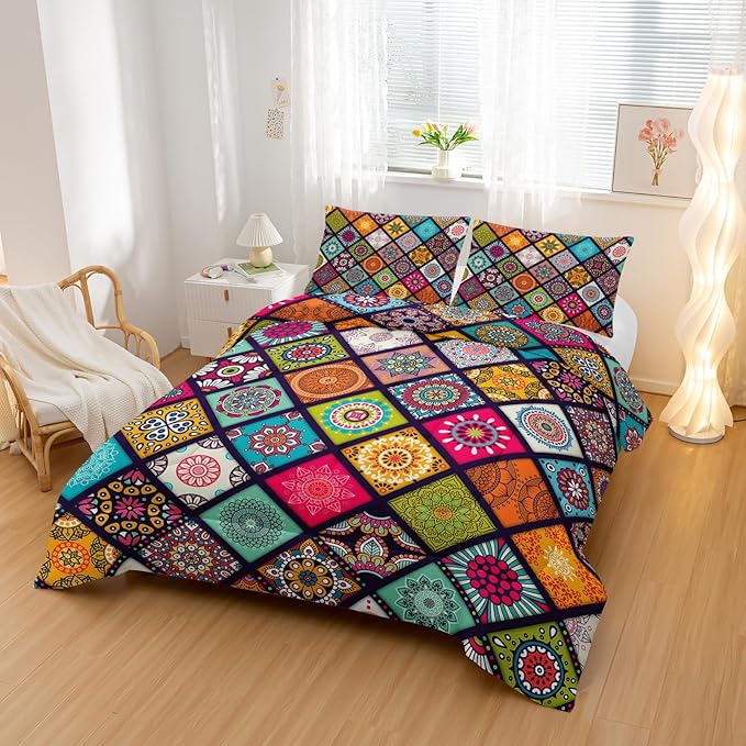 Polychrome Bohemia Comforter Sets King Size,Rhomboid Forms Pattern Bedding Set for Your Room,Abstract Soft Lightweight Quilted Set All Season 1 Comforter and 2 Pillowcases