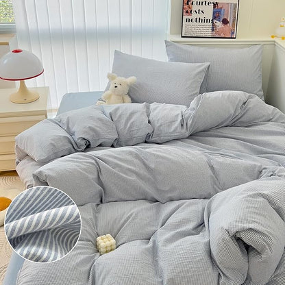 mixinni Striped Duvet Cover Set- 100% Washed Cotton Blue Comforter Cover with White Pinstripe Stripes Pattern Printed Bedding Set with Zipper Closure, 3 Pieces, Twin XLSize