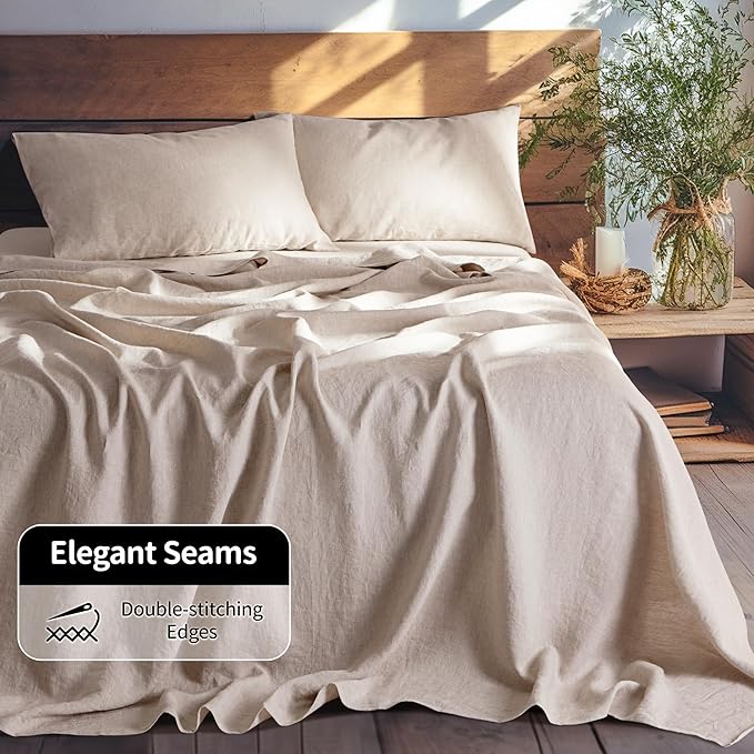 LBRO2M 100% Pure Linen Sheet Set Deep Pocket Up to 16" Bed Sheets Sets, Natural Flax Beddings Soft, Breathable, Comfortable for All Seasons 4 Pcs Sheet Set Full Size, Linen