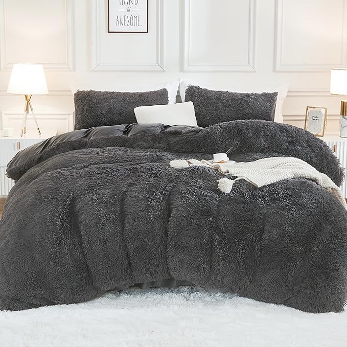 Andency Dark Grey Comforter Set King Size, 3 Pieces Faux Fur Gray Fluffy Fuzzy Plush Bedding Comforter Set, Soft Puffy Comfy Down Alternative Comforter Bed Set