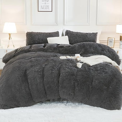 Andency Dark Grey Comforter Set King Size, 3 Pieces Faux Fur Gray Fluffy Fuzzy Plush Bedding Comforter Set, Soft Puffy Comfy Down Alternative Comforter Bed Set