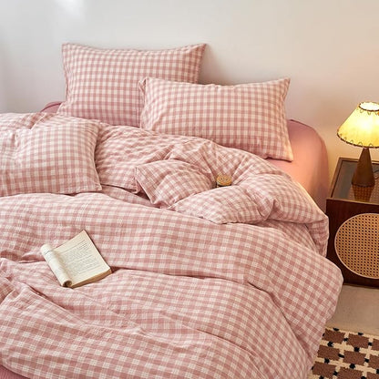EAVD Vintage Style Gingham Plaid Duvet Cover Full Pink White Soft 100% Washed Cotton Chic Warm Checkered Bedding Set with 2 Pillowcases Farmhouse Grid Gingham Duvet Cover with Zipper Closure