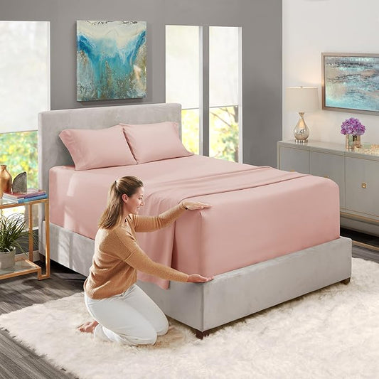 Nestl Twin Size Sheet Set, 4 Piece Extra Deep Pocket (18-24 inches), Microfiber, Hotel Luxury, Soft, Breathable, Wrinkle-Free, Easy to Care, Peach Beige