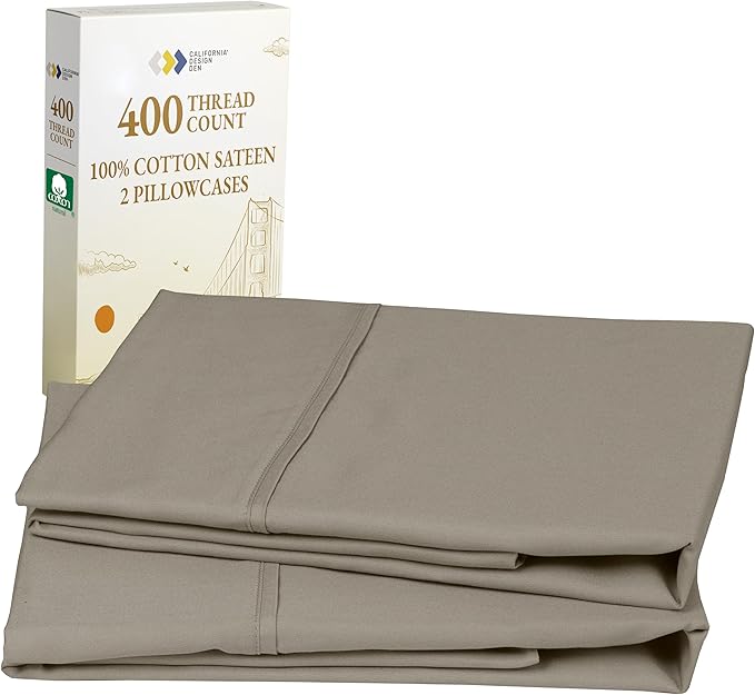 California Design Den King Size Pillowcase Set - 400 Thread Count, 100% Cotton Sateen, Set of 2 Pillow Covers, Soft and Breathable - Taupe