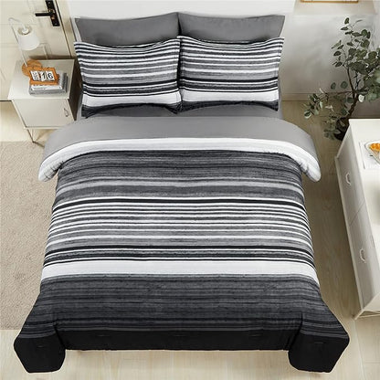 KAKIJUMN 7 Piece Bed in a Bag Stripe Comforter Set King Size, White Grey Black Patchwork Striped Comforter and Sheet Set, All Season Soft Microfiber Complete Bedding Sets(Grey,King)