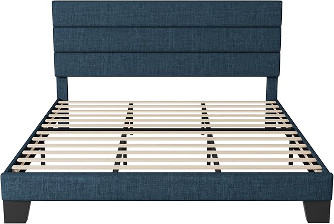 Allewie King Size Platform Bed Frame with Fabric Upholstered Headboard Blue | Wooden Slats Support, Fully Upholstered Mattress Foundation, No Box Spring Needed, Easy Assembly, Noise-Free, Blue