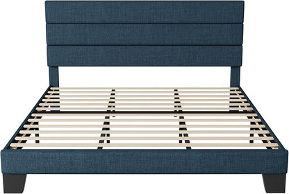 Allewie King Size Platform Bed Frame with Fabric Upholstered Headboard Blue | Wooden Slats Support, Fully Upholstered Mattress Foundation, No Box Spring Needed, Easy Assembly, Noise-Free, Blue