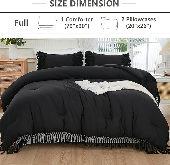 Andency Black Full Size Comforter Set, 3 Pieces Boho Tassel Lightweight Soft Bedding Comforter Sets, All Season Fluffy Fringe Bed Set (79x90In Comforter & 2 Pillowcases)