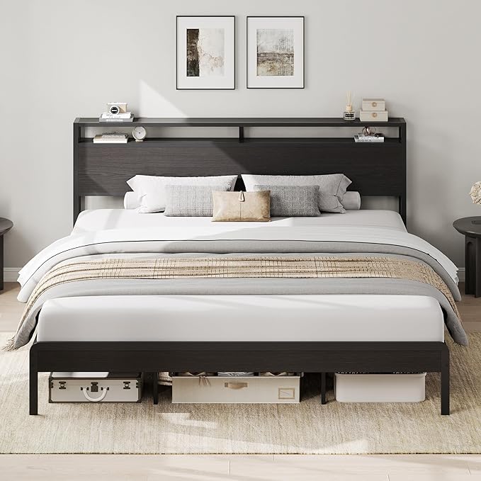 LIKIMIO California King Bed Frame with Headboard, Dark Wood Camas California King with Strong Supports, Sturdy, Noise-Free, No Box Spring Needed, Classic Black