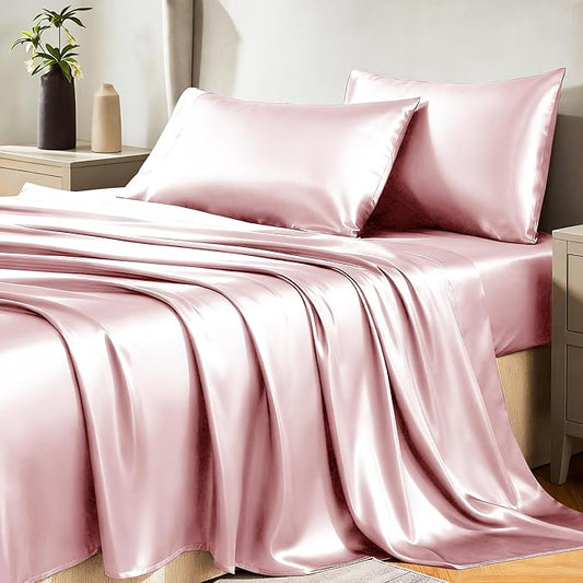 CozyLux Satin Sheets Twin Sheet Set - 3 Piece Silky Twin Bed Sheets, Luxury Dirty Pink Sheet Twin Size Bed Set with Smooth and Soft Microfiber, Includes 1 Fitted Sheet, 1 Flat Sheet and 1 Pillowcase