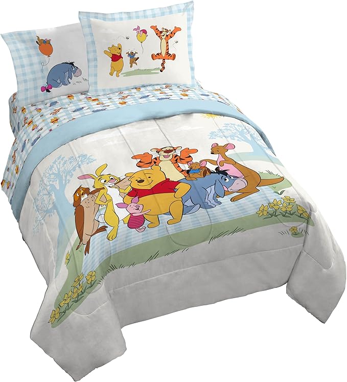 Jay Franco Kids Comforter Set Includes Sheets and Pillow Covers - Soft and Cozy Bed Set for Stylish Room Decor, Official Licensed Bedding, White - Winnie The Pooh, 7 Piece Queen
