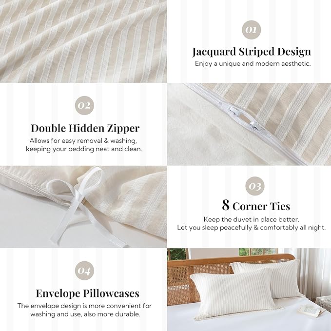 MILDLY Linen Grey Striped Duvet Cover - 100% Washed Cotton Jacquard Boho Textured Comforter Cover 3pcs with Corner Ties Zipper Closure 104"x90"