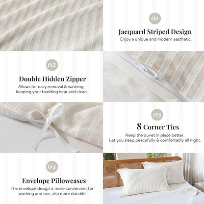 MILDLY Linen Grey Striped Duvet Cover - 100% Washed Cotton Jacquard Boho Textured Comforter Cover 3pcs with Corner Ties Zipper Closure 80"x90"