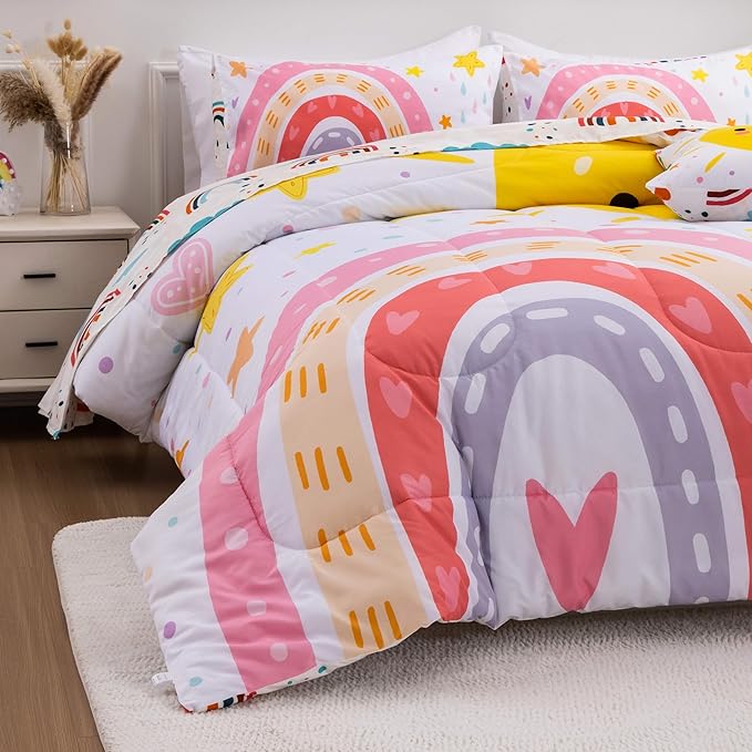 Btargot Lightweight Soft 3 Piece Rainbow Comforter Set with 2 Pillow Covers, Cartoon Love Hearts Flowers and Sun Star Bedding Set for Girls Boys Kids, Full Pink