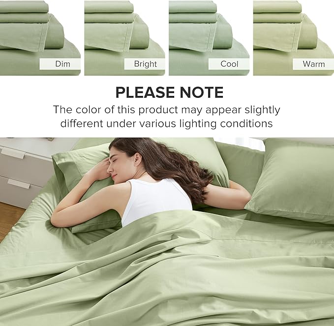 Comfort Spaces 100% Cotton Sheets King, Breathable & Soft Cotton Sheets, Naturally Cool Cotton Bed Sheets with 14" Elastic Pocket Fits up to 16" Mattress, All Seasons Sheet Set, Sage Green 4 Piece