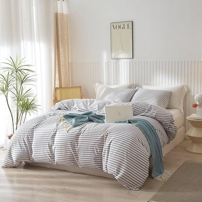 mixinni Striped Comforter Set King Size - Grey White Stripes Pattern Bed Set for Women and Men, 3 Pieces Lightweight Bedding Comforter Sets for All Seasons (1 Soft Fluffy Comforter + 2 Pillowcases)