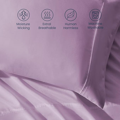 SLEEP ZONE Nanotex Super Soft Cooling Queen Bed Sheets Set 4 Piece - Easy Care Fitted Flat Sheet & Pillowcase Sets - Wrinkle Free, Fade Resistant, Deep Pocket 16" (Lavender, Queen)