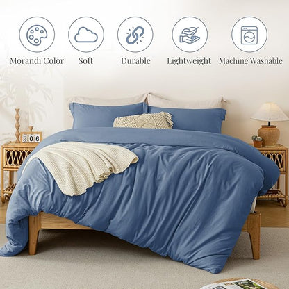 MILDLY Super Soft Duvet Cover - 100% Washed Microfiber Light Denim Comforter Cover Set 3 Pieces with Zipper Closure & Corner Ties (No Comforter)