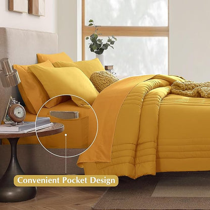 Monbix Full Comforter Set - 7 Pieces Bright Yellow Bed in a Bag Full Size Bedding Sets with Comforters, All Seasons Comforter with Sheets, Pillowcases & Shams