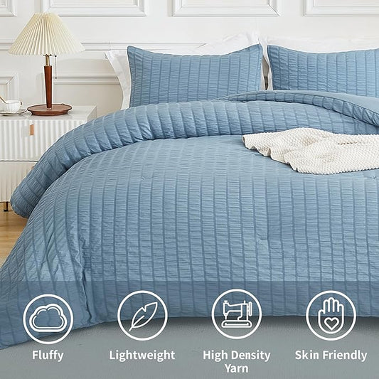 AveLom Seersucker Queen Comforter Set, 90x90, Grayish Blue, 3 Pieces - Soft Microfiber Down Alternative Bedding