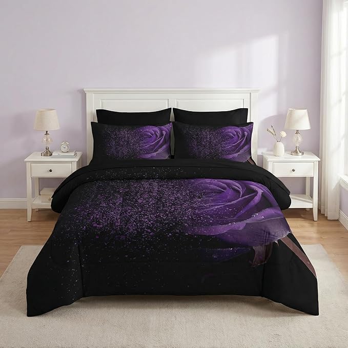 Nesker Comforter Set Full Size, Purple Rose 7 Pcs Bedding for Kids and Adults, Fantasy Dream Flower Bed Sheet Sets with Fitted Sheet 2 Pillowcases & 2 Shams