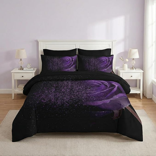 Nesker Comforter Set Full Size, Purple Rose 7 Pcs Bedding for Kids and Adults, Fantasy Dream Flower Bed Sheet Sets with Fitted Sheet 2 Pillowcases & 2 Shams