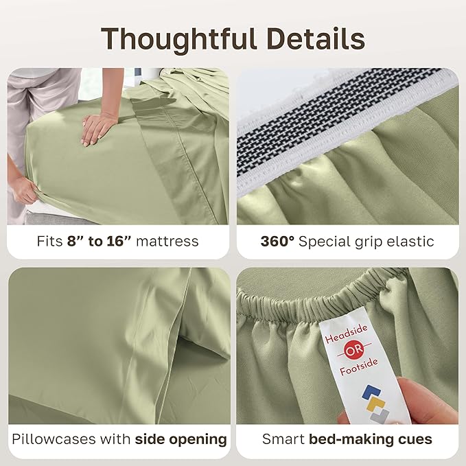California Design Den Thick and Natural 100% Cotton Bed Sheets King Size Set - 1000 Thread Count Sateen Sheet & Pillowcase Sets, Deep Pockets, Durable Bedding - Sage Green