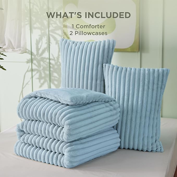 Bedsure Comforter Set Queen Size - GentleSoft™ 3 Pieces Double-Side Fleece Fluffy Light Blue Comforter Set, Cozy Striped Room Decor Aesthetic, Luxury Bedding Queen Size, 2 Pillowcases, 90x90 Inches