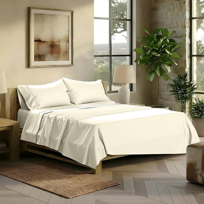 TEXAS LINEN CO. 100% Egyptian Cotton Sheets Queen Size - 2000 Series Luxury Queen Bed Sheet Set, Silky Soft Cooling Sateen Weave, 17” Extra Deep Pocket Hotel Collection Sheets (4 Pc, Ivory)