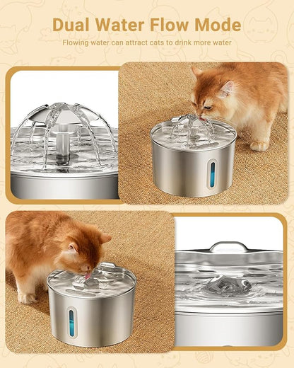 Cat Water Fountain Stainless Steel - 74oz/2.2L Automatic Large Pet Watering Bowl Dispenser for Indoor Cats - Drinking Fountains with 6 Filter, Gifts for Dogs and Kitty - Dog Waterer Bowls No Spill