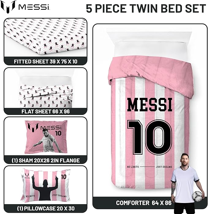Jay Franco Kids Comforter Set Includes Sheets and Pillow Covers - Soft and Cozy Bed Set for Stylish Room Decor, Official Licensed Bedding, Pink - Messi, 5 Piece Twin