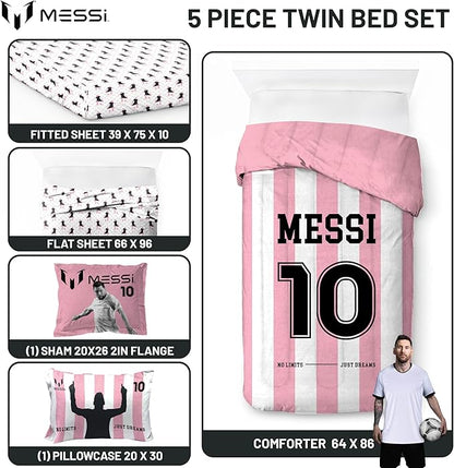 Jay Franco Kids Comforter Set Includes Sheets and Pillow Covers - Soft and Cozy Bed Set for Stylish Room Decor, Official Licensed Bedding, Pink - Messi, 5 Piece Twin
