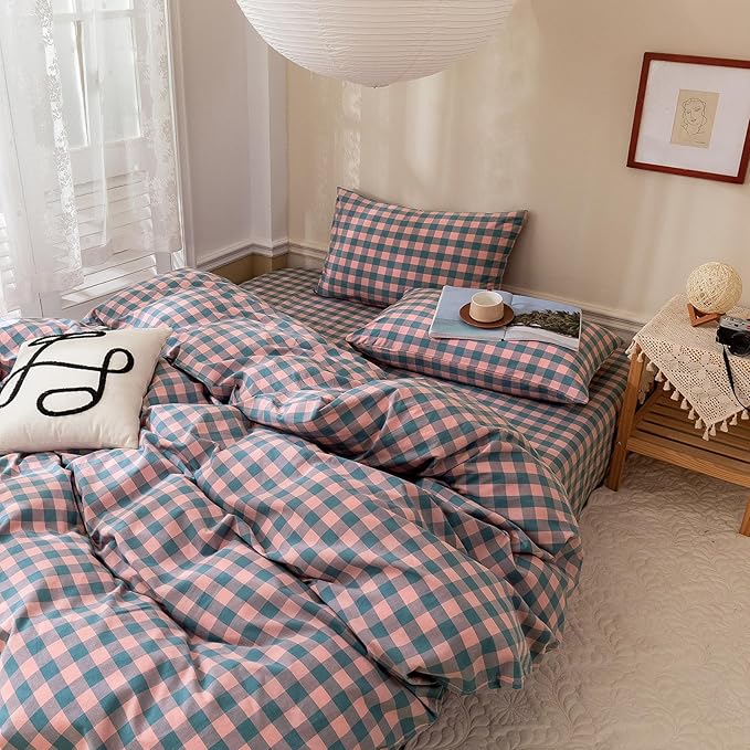 LifeTB Reversible Plaid Duvet Cover Twin Modern Soft Purple Pink Plaid Comforter Cover 3 Pieces 100% Washed Cotton Bedding Set Twin Cozy Linen Feel Buffalo Grid Duvet Cover with Zipper Closure