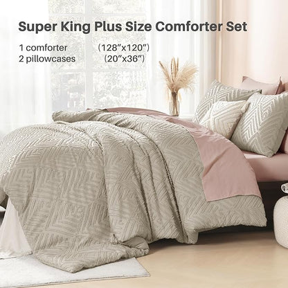 Litanika Oatmeal Super King Plus Comforter, 3 Pieces Tufted Boho Farmhouse Bedding Comforter Sets, Lightweight Fluffy Bed Set for All Season (128x120In Comforter and 2 Pillowcases)