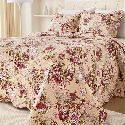 Cmfshape Summer Floral Queen Quilted Bedspread,Romantic Red Quilt Set,Reversible Stitched Bedding Cover All Season,Soft Lightweight Coverlet with Pillow Cases (Red Rose, Queen(90"x90"))