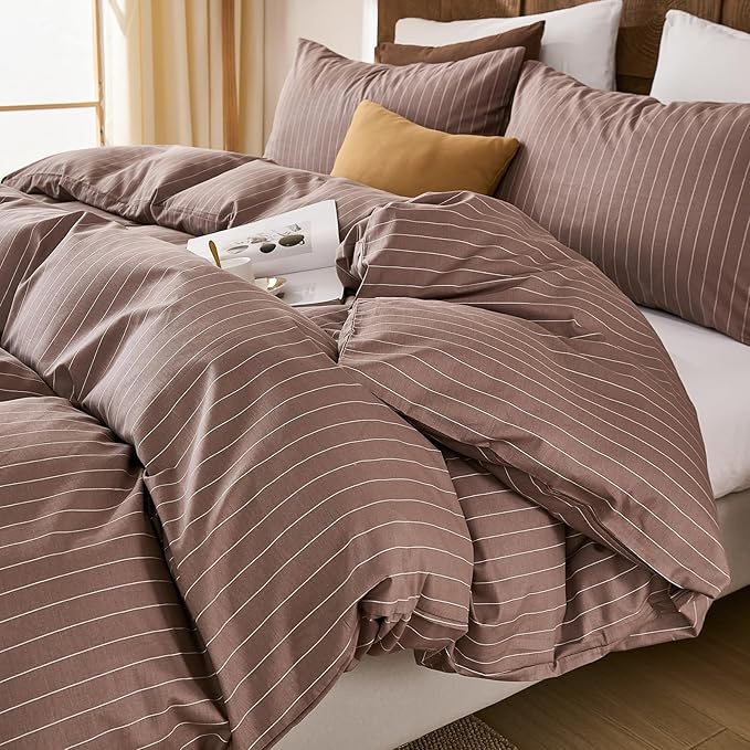 Merryword 100% Cotton Duvet Cover Set King Size, Brown Pinstripe Bedding Set with 2 Pillowcases, Soft Breathable Comforter Cover, Natural Cotton Linen Like Bedding Set for Cozy Home Bedroom