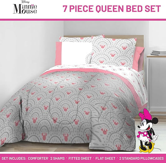 Jay Franco Disney Minnie Mouse Queen Comforter Set - 7 Piece Bedding Includes Sheet Set & Pillow Covers - Super Soft Cozy Pink Mandala Bedding
