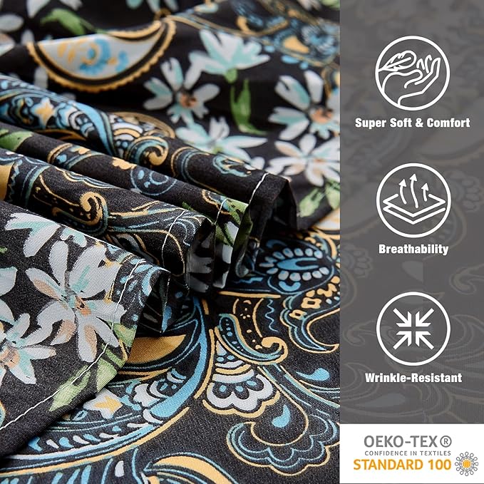 JSD Black Paisley Floral Printed Sheet Set Queen Size, 4 Piece Soft Pattern Microfiber Sheets Extra Deep Pocket