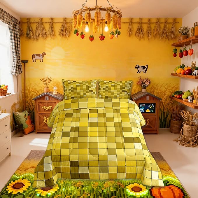 Pixelated Miners Game Kids Bedding Set King Size,Video Games Gamepad Gaming Comforter Set,Geometric Square Quilt Comforter,Yellow Bedroom Duvet Insert,2 Pillowcases