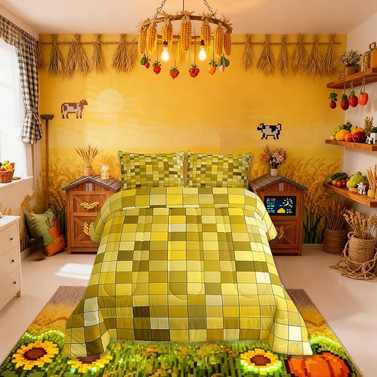 Pixelated Miners Game Kids Bedding Set King Size,Video Games Gamepad Gaming Comforter Set,Geometric Square Quilt Comforter,Yellow Bedroom Duvet Insert,2 Pillowcases