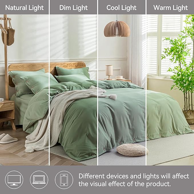 JELLYMONI Cotton Duvet Cover King Size - Light Green Comforter Cover with Button 100% Washed Cotton 3PCS Breathable Soft Solid Bedding Set Duvet Cover 104×90in & 2 Pillowcases (NO Comforter)