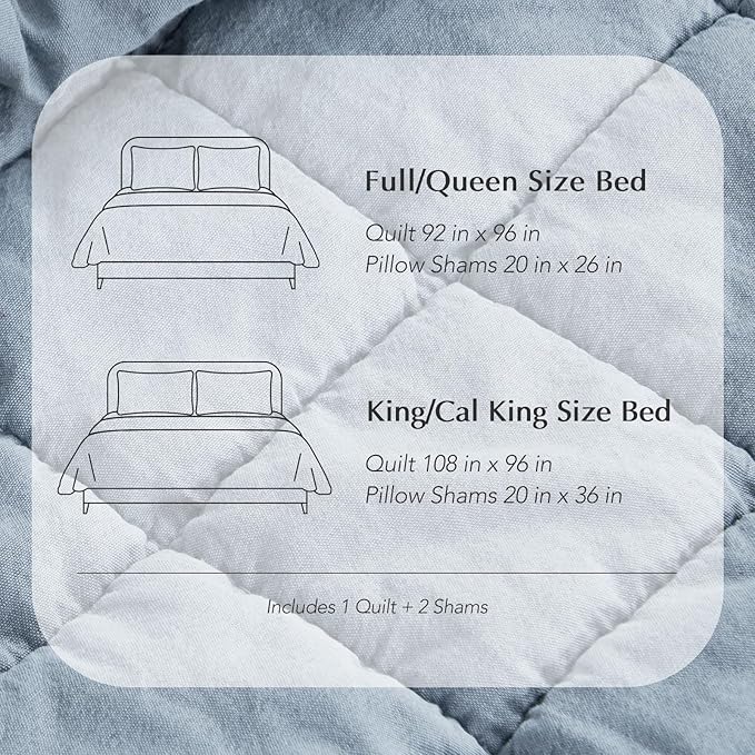 EVERGRACEHOME Stonewashed Cotton Quilt Set Queen Size, Ultra Soft Oversized Bedspread Coverlet Set, Lightweight Crinkle Box Stitch Bedding Sets for All Season, with 2 Matching Shams, Blue Linen