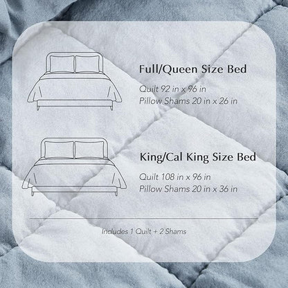 EVERGRACEHOME Stonewashed Cotton Quilt Set Queen Size, Ultra Soft Oversized Bedspread Coverlet Set, Lightweight Crinkle Box Stitch Bedding Sets for All Season, with 2 Matching Shams, Blue Linen