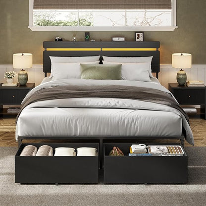 Forestell Queen Bed Frame with Wood Headboard,2 Storage Drawers & Shelf | Built-in Charging Station & LED Lights, Metal Support, No Box Spring Needed, noise-free, easy assembly, Smart RGB, USB+Type-C