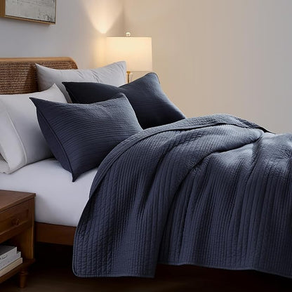 PALASSIO Striped Navy Blue 100% Cotton Quilt California Cal King Size Bedding Sets, Oversized Lightweight Channel Pick Stitch Textured Bedspread Soft Farmhouse Country Coverlet for All Season, 2 Shams