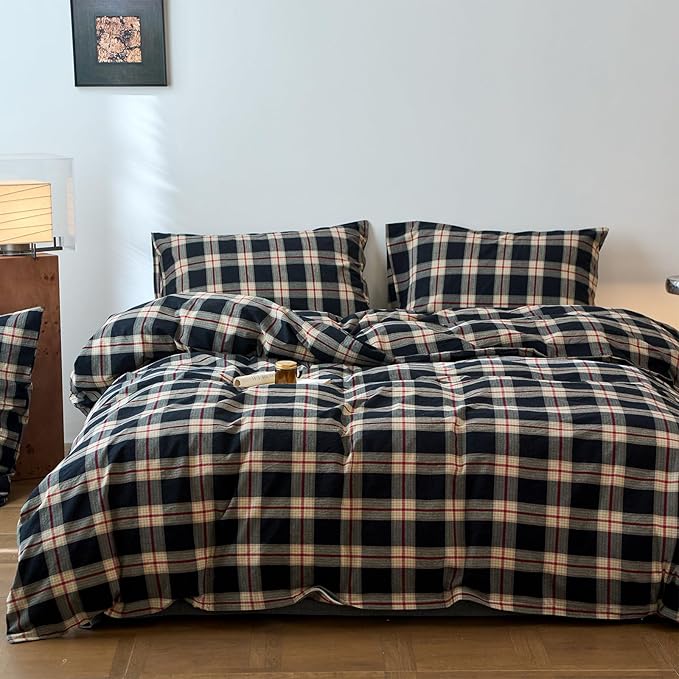 EAVD Vintage Black Plaid Gingham Comforter Set King Soft 100% Washed Cotton Black&Green&Red Grid Checkered Bedding Set with 2 Pillowcases Farmhouse Retro Plaid Comforter Set for All-Season