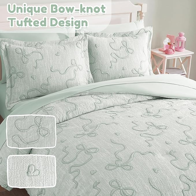 Geniospin Light Green Twin Comforter Set for Girls- 5 Pieces Bowknot Jacquard Bed in A Bag Twin Bedding Sets with Sheets, Pillowcases & Shams, All Season Kids Comforter Set
