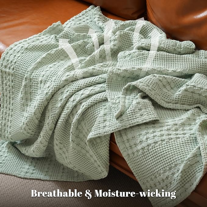 PHF 100% Cotton Waffle Weave Throw Blanket, Soft Lightweight Breathable Cozy Throws for Couch Bed Sofa, Luxury Aesthetic Blanket Gift for Home Decor & Office, 50"x60", Mint Green