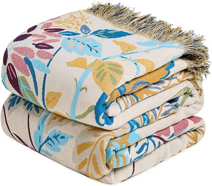 MSGKV Boho Throw Blanket for Bed Cotton 60"x80" Floral Blanket Twin Size Couch All Seasons Muslin Spring Breathable Lightweight Farmhouse Blankets